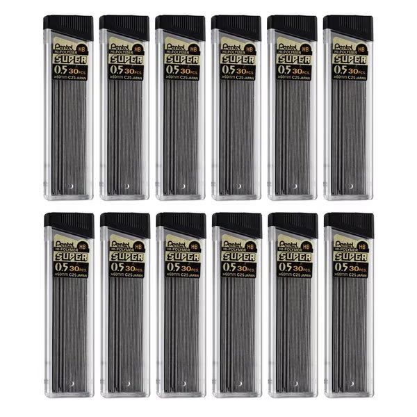 HB Super Hi-Polymer Leads, 0.5mm, Black, PK360, 360PK, Pentel, Mfr#: C25HB